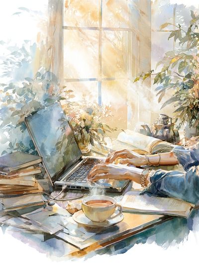 Sunlit Study Desk Watercolor Print.