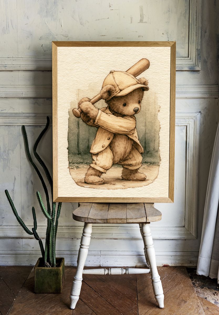 Teddy Bear Baseball Illustration Print. room preview