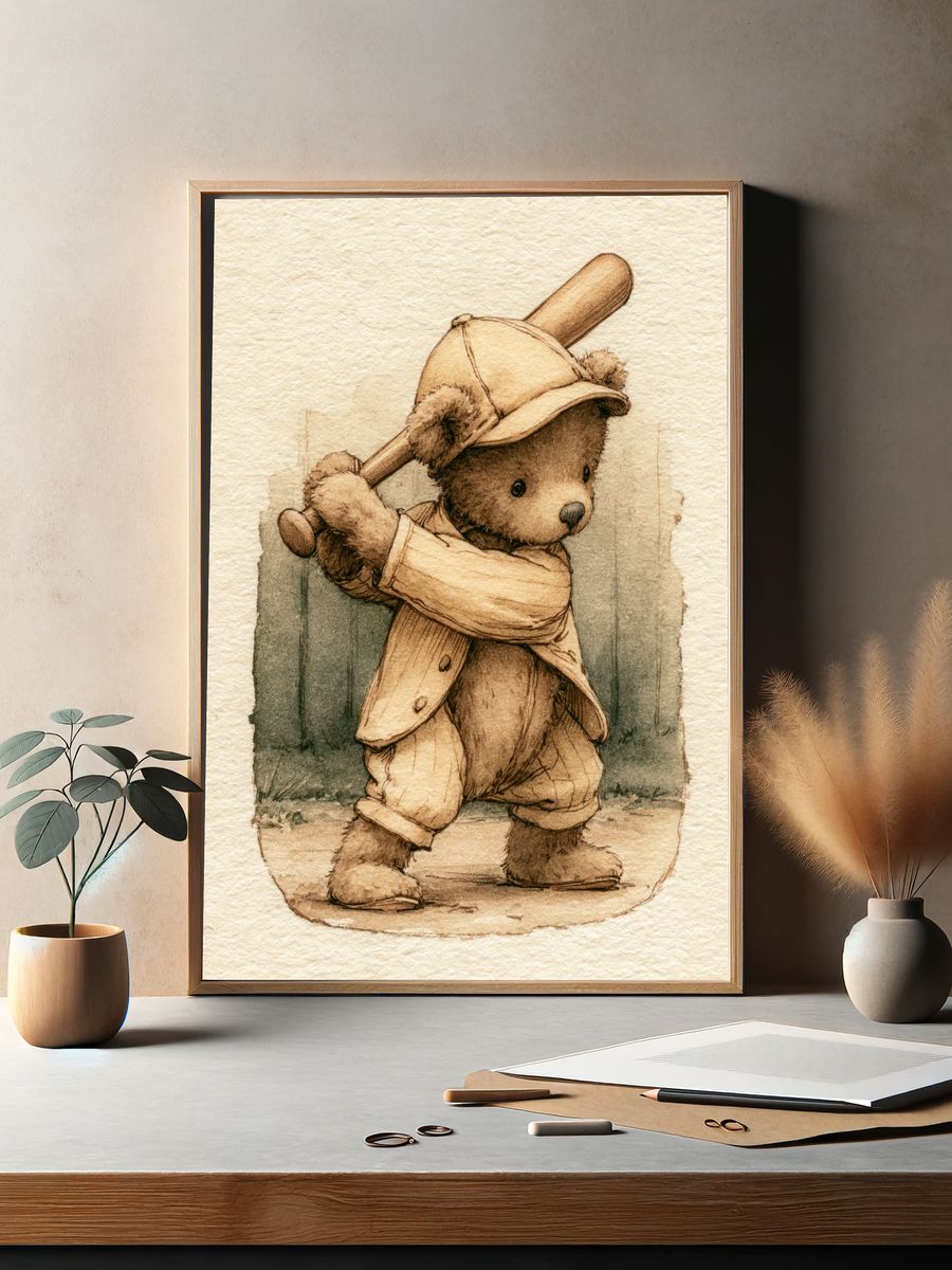 Teddy Bear Baseball Illustration Print. — room view 2