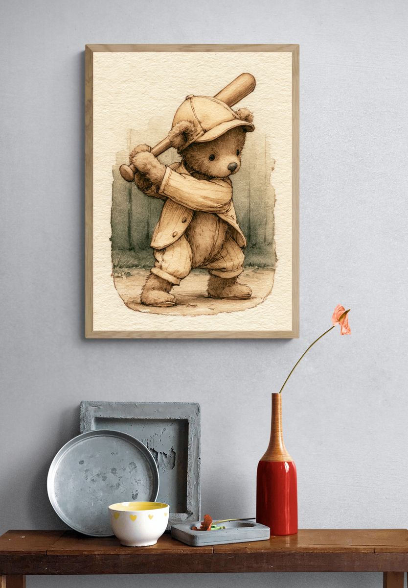 Teddy Bear Baseball Illustration Print. — room view 3