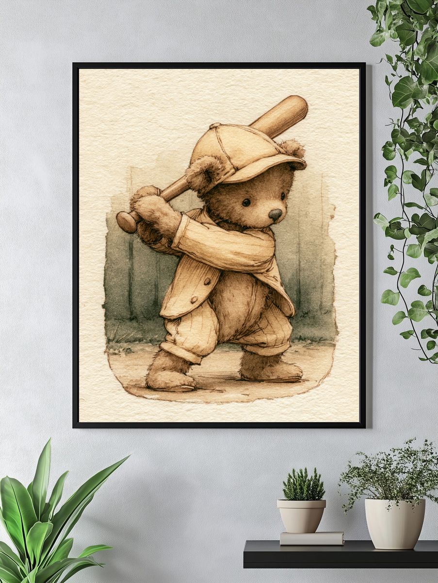 Teddy Bear Baseball Illustration Print. — room view 4
