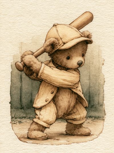 Teddy Bear Baseball Illustration Print.