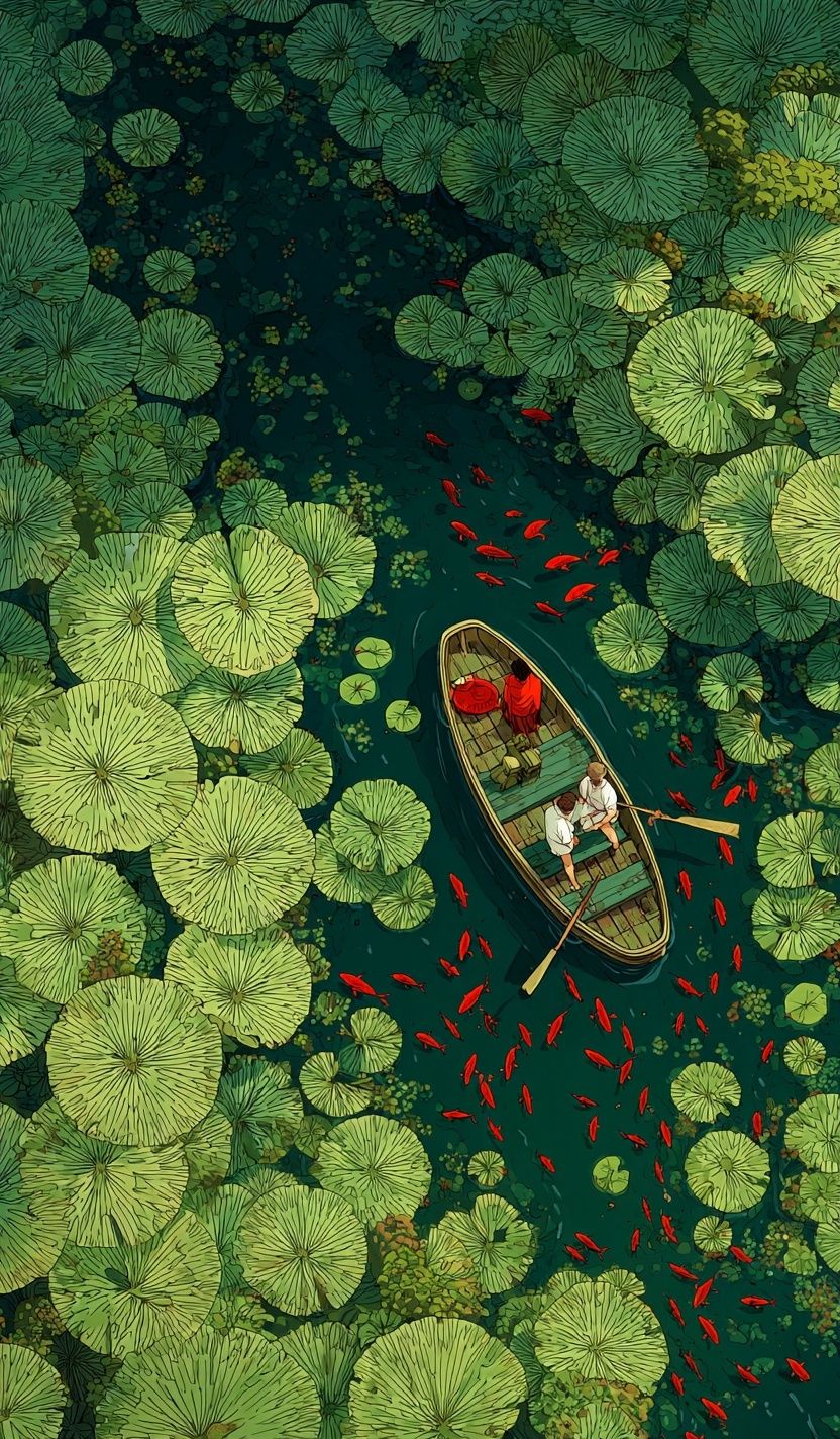 Lotus Pond Boat Ride Illustration Poster. poster — illustration art