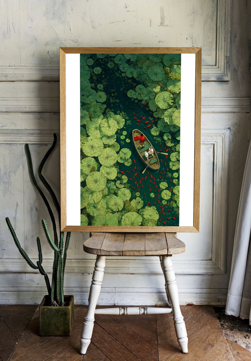 Lotus Pond Boat Ride Illustration Poster. — room view 1