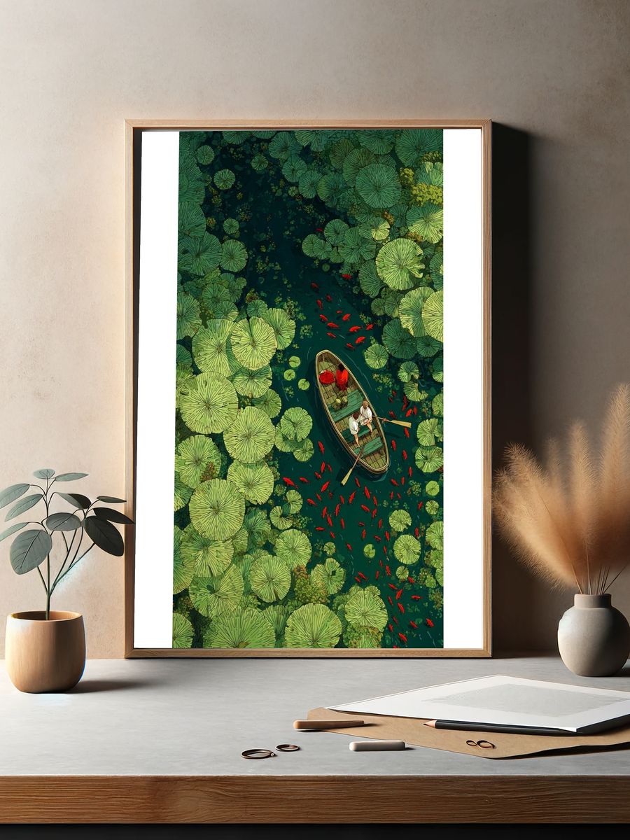Lotus Pond Boat Ride Illustration Poster. — room view 2