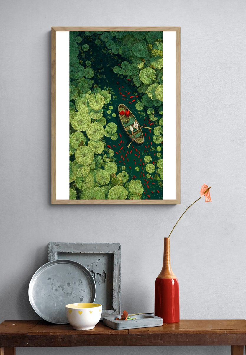 Lotus Pond Boat Ride Illustration Poster. — room view 3