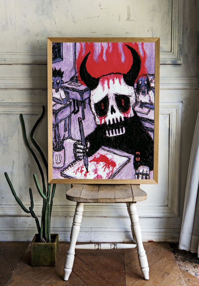 Horned Skull Horror Illustration Poster. — room view 1
