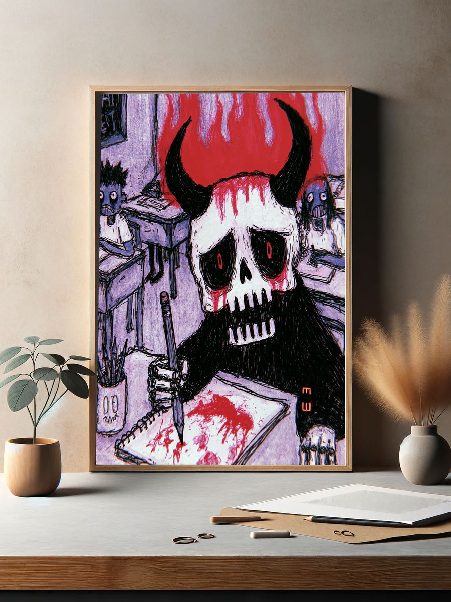 Horned Skull Horror Illustration Poster. — room view 2