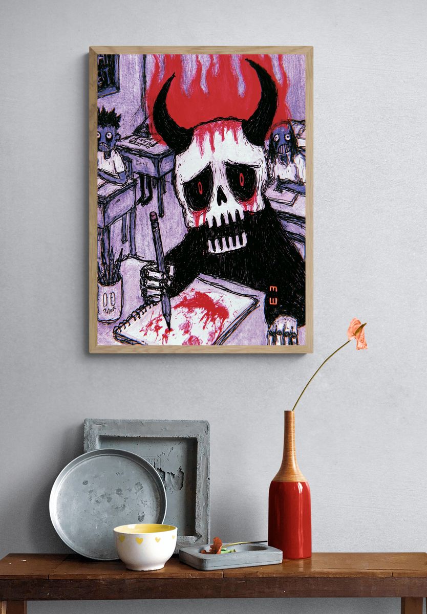 Horned Skull Horror Illustration Poster. — room view 3