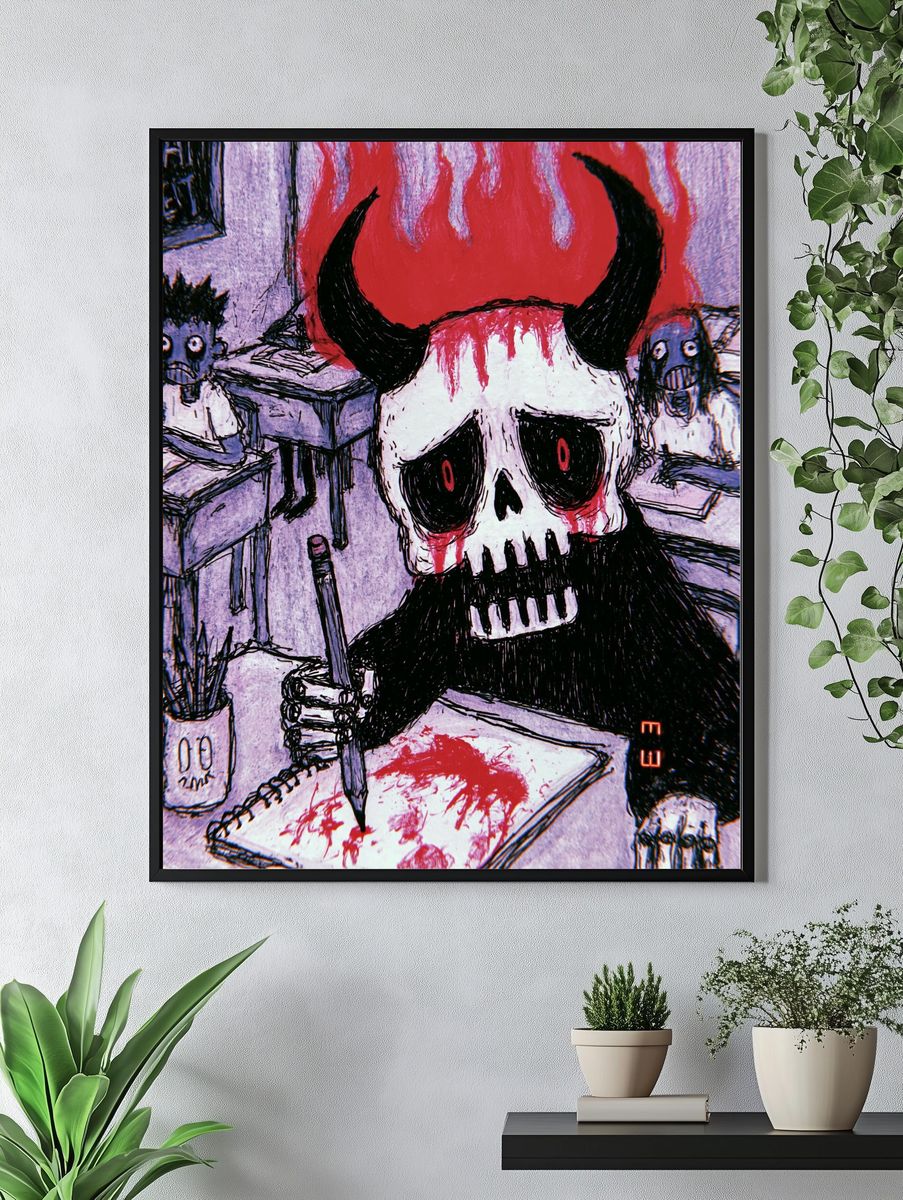 Horned Skull Horror Illustration Poster. — room view 4