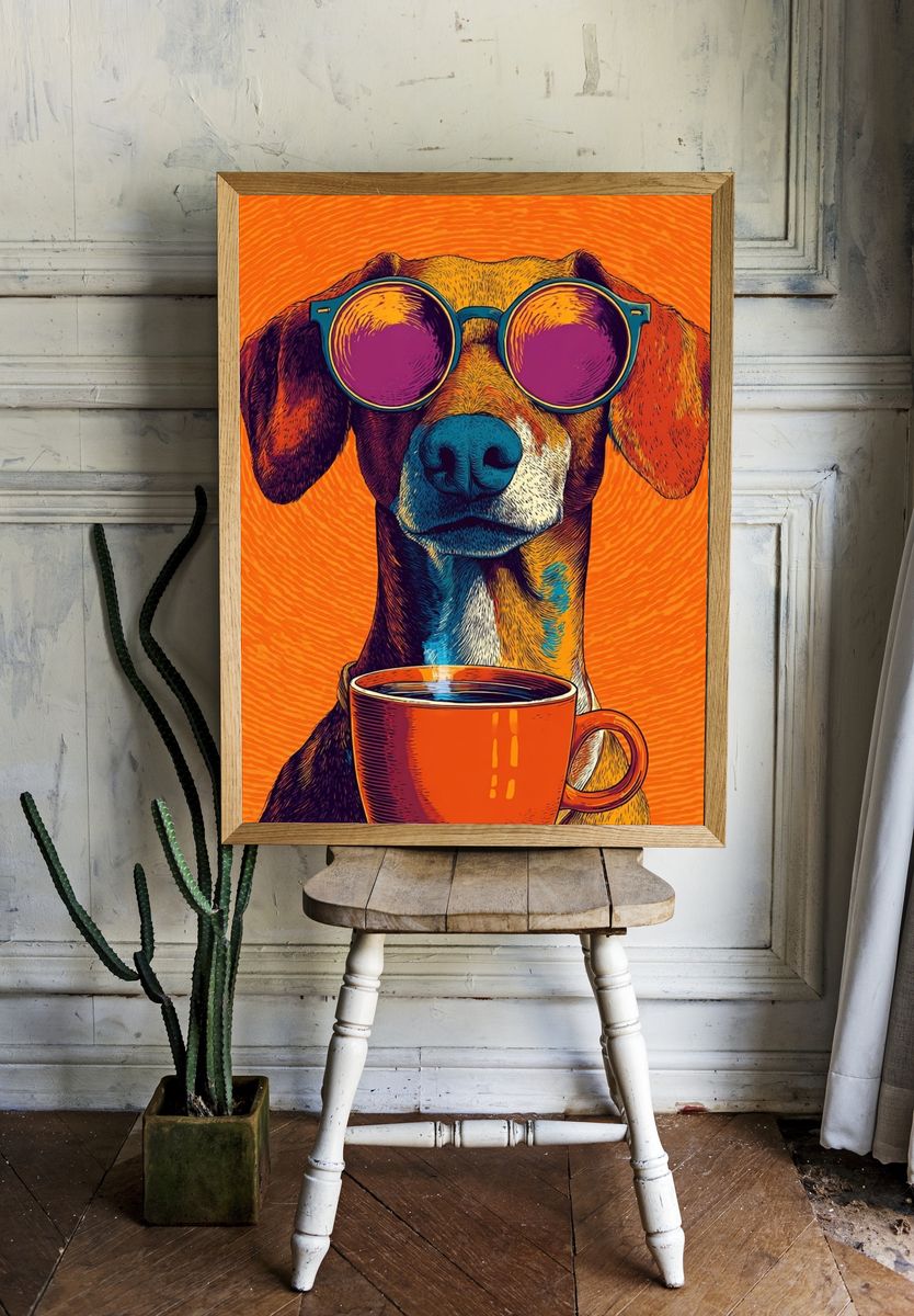 Cool Dog with Coffee Illustration Poster. room preview