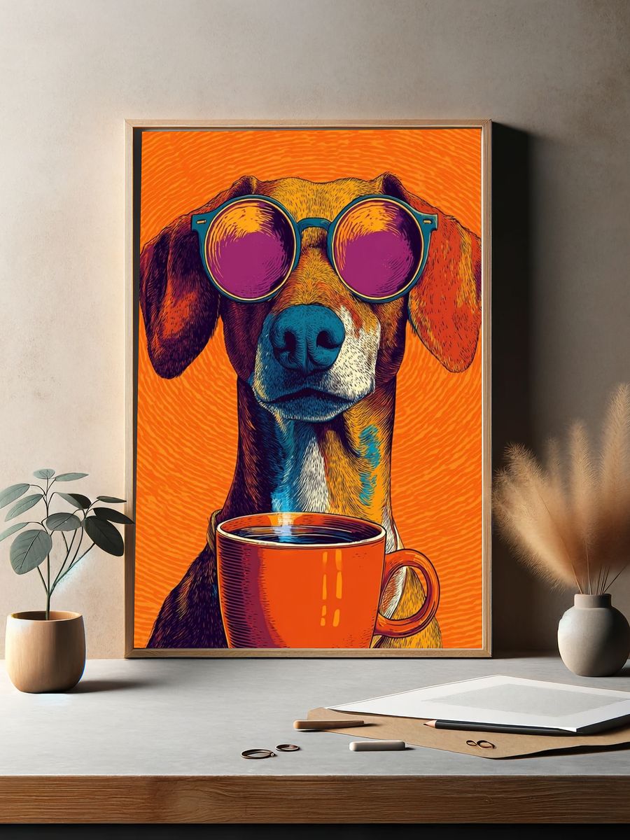 Cool Dog with Coffee Illustration Poster. — room view 2
