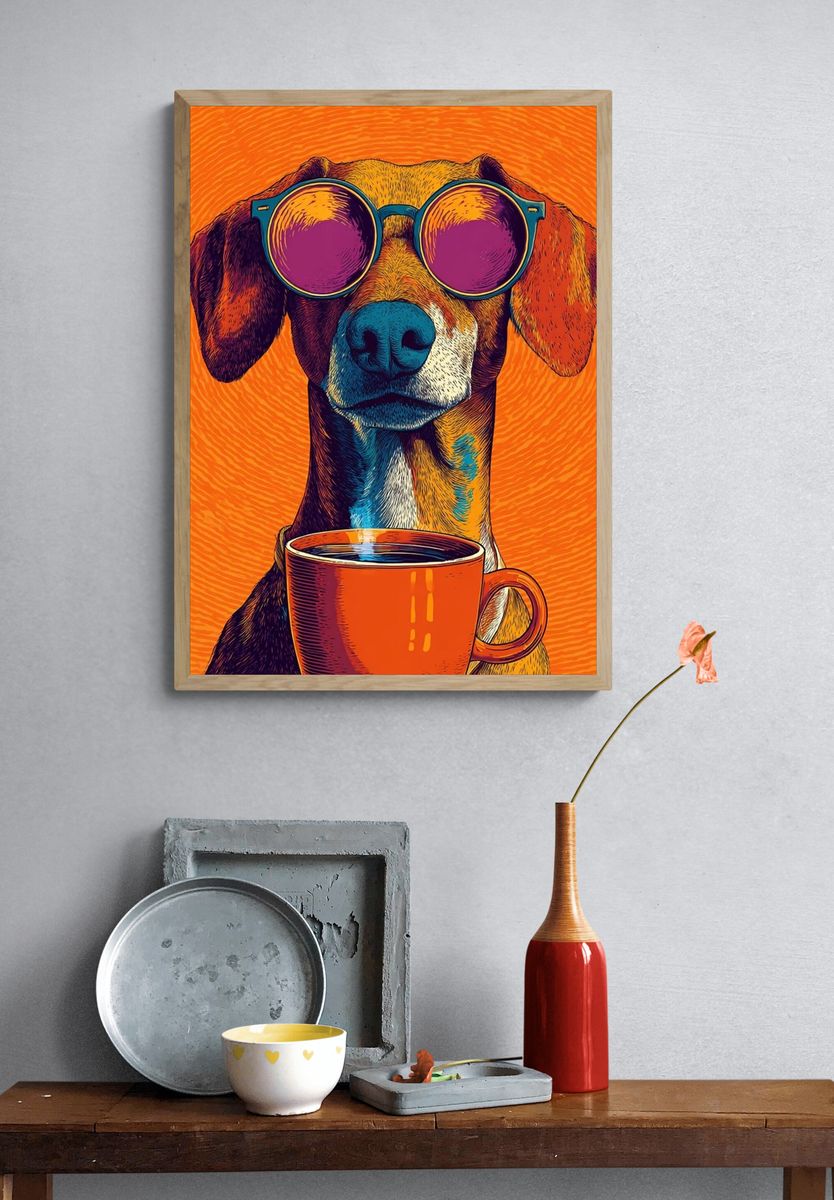 Cool Dog with Coffee Illustration Poster. — room view 3