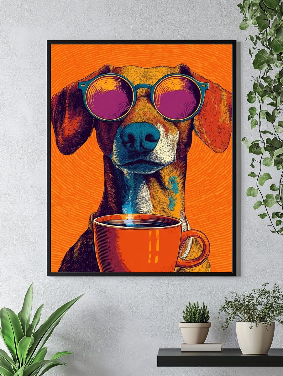 Cool Dog with Coffee Illustration Poster. — room view 4