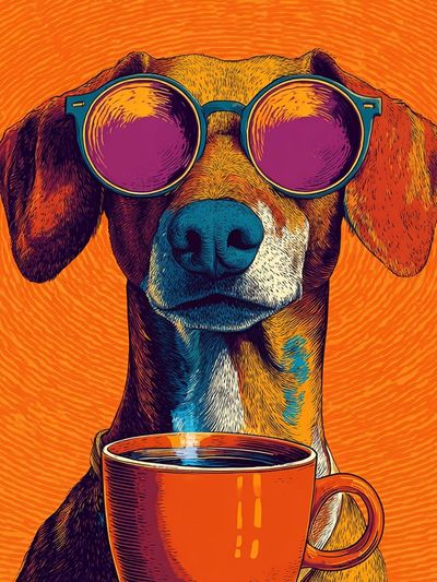 Cool Dog with Coffee Illustration Poster.