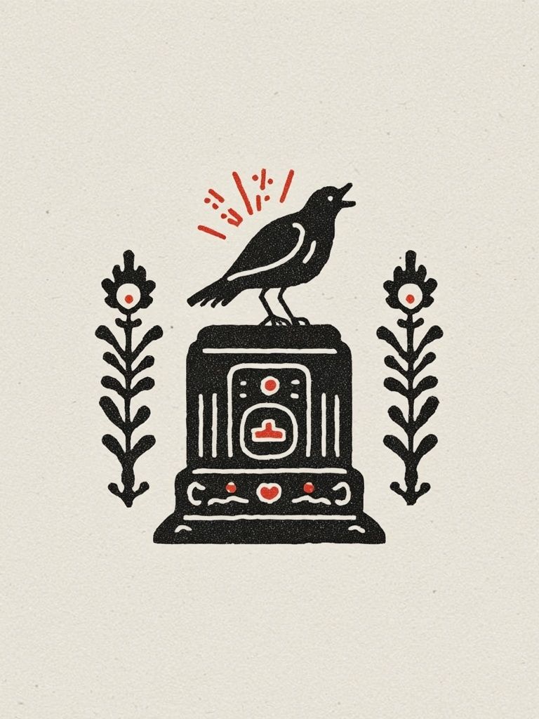 Bird on Pedestal Folk Art Poster. poster detail