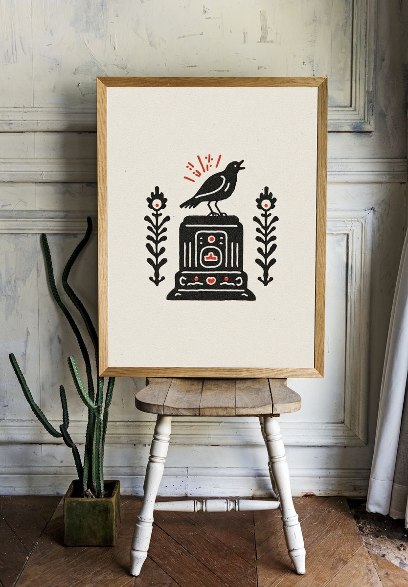 Bird on Pedestal Folk Art Poster. — room view 1