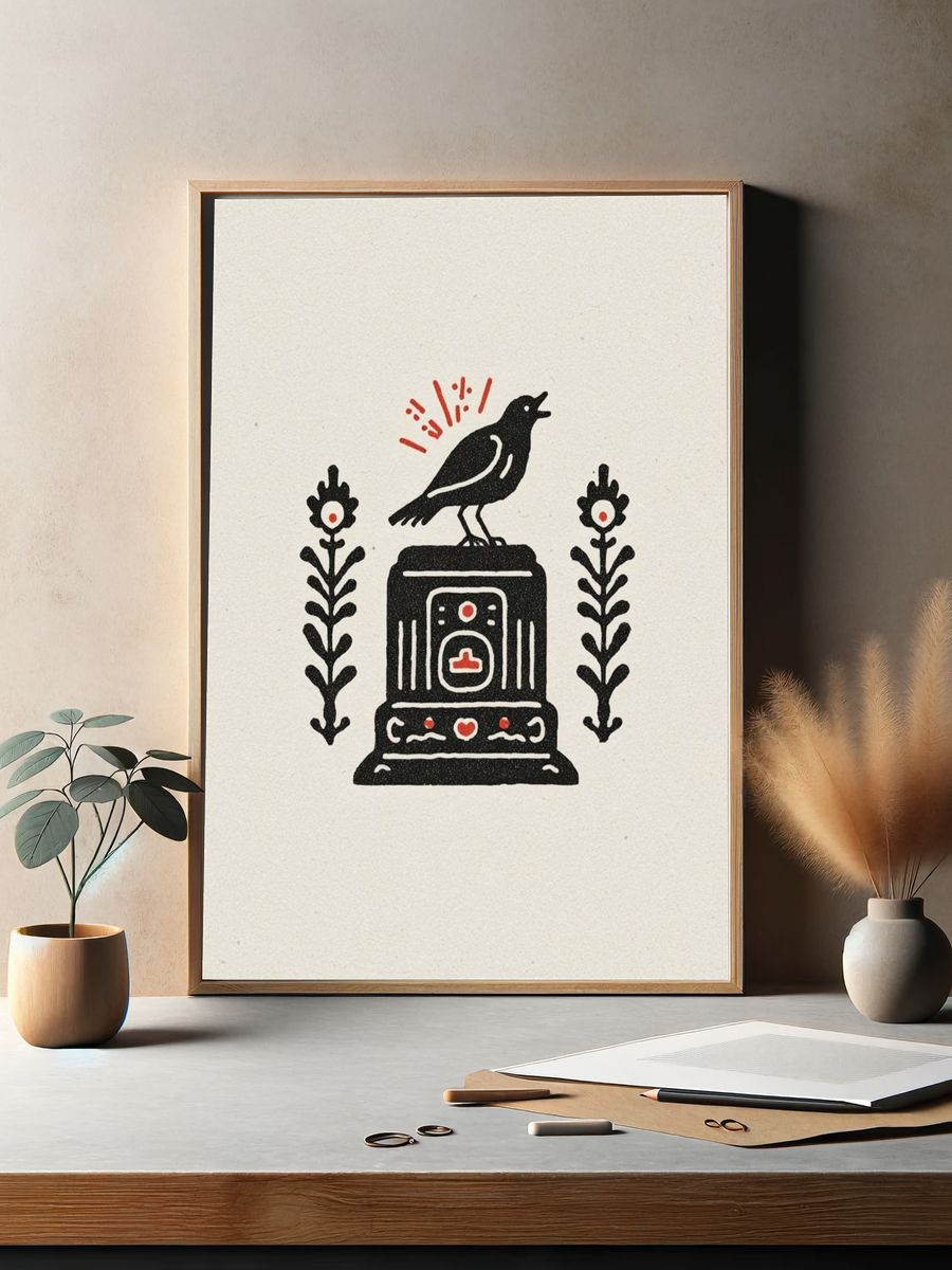 Bird on Pedestal Folk Art Poster. — room view 2