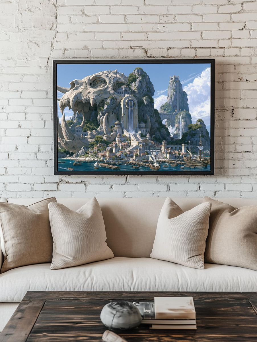 Dragon Skull Harbor Fantasy Print. room preview