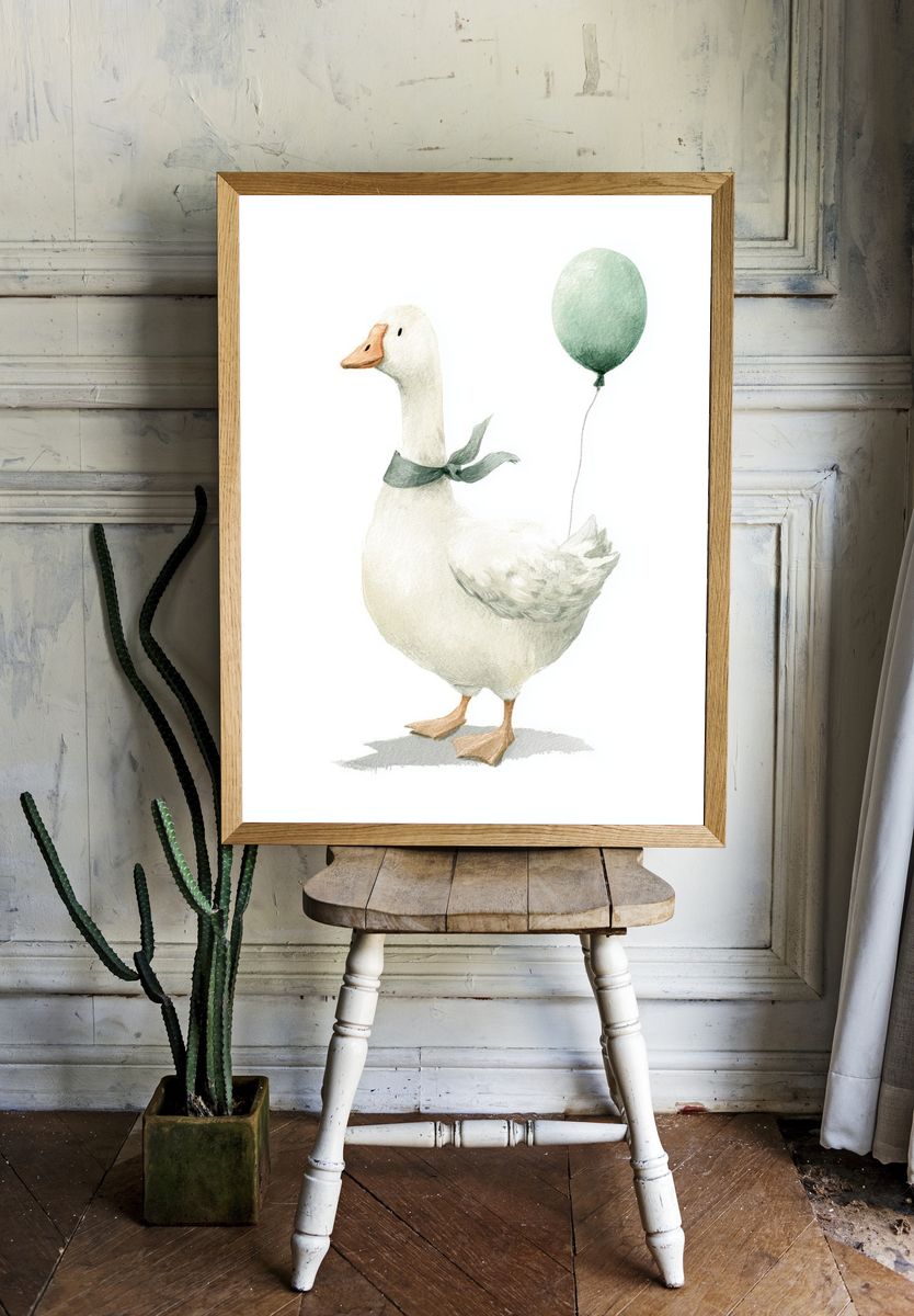 Goose with Balloon Watercolor Print. — room view 1