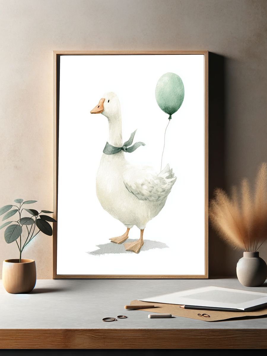 Goose with Balloon Watercolor Print. — room view 2