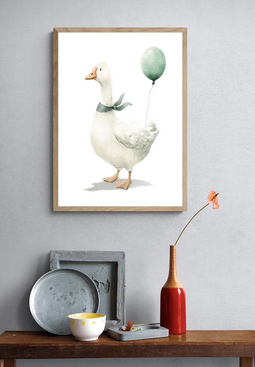 Goose with Balloon Watercolor Print. — room view 3