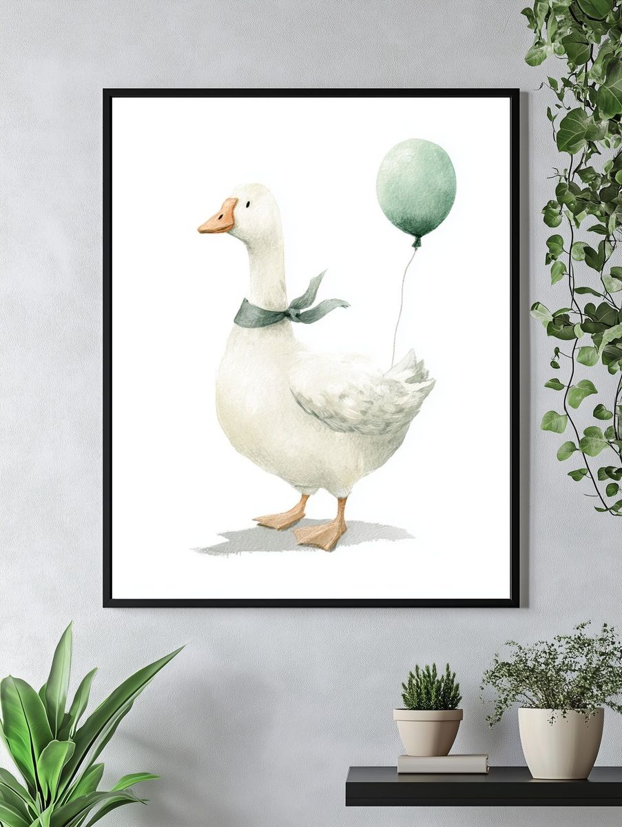 Goose with Balloon Watercolor Print. — room view 4