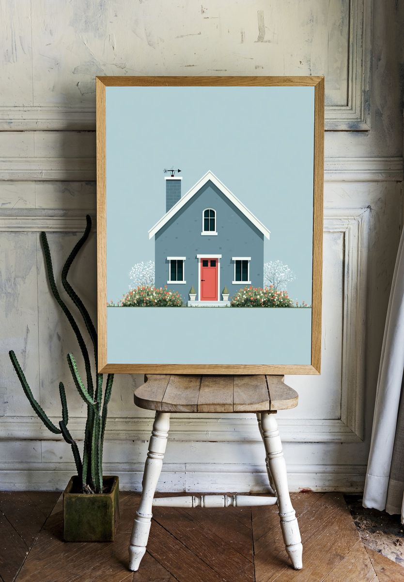 Blue Cottage Illustration Poster. room preview