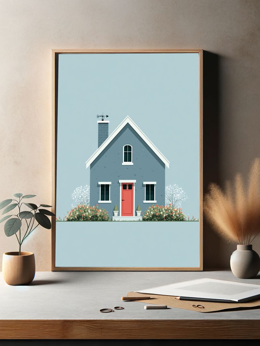 Blue Cottage Illustration Poster. — room view 2
