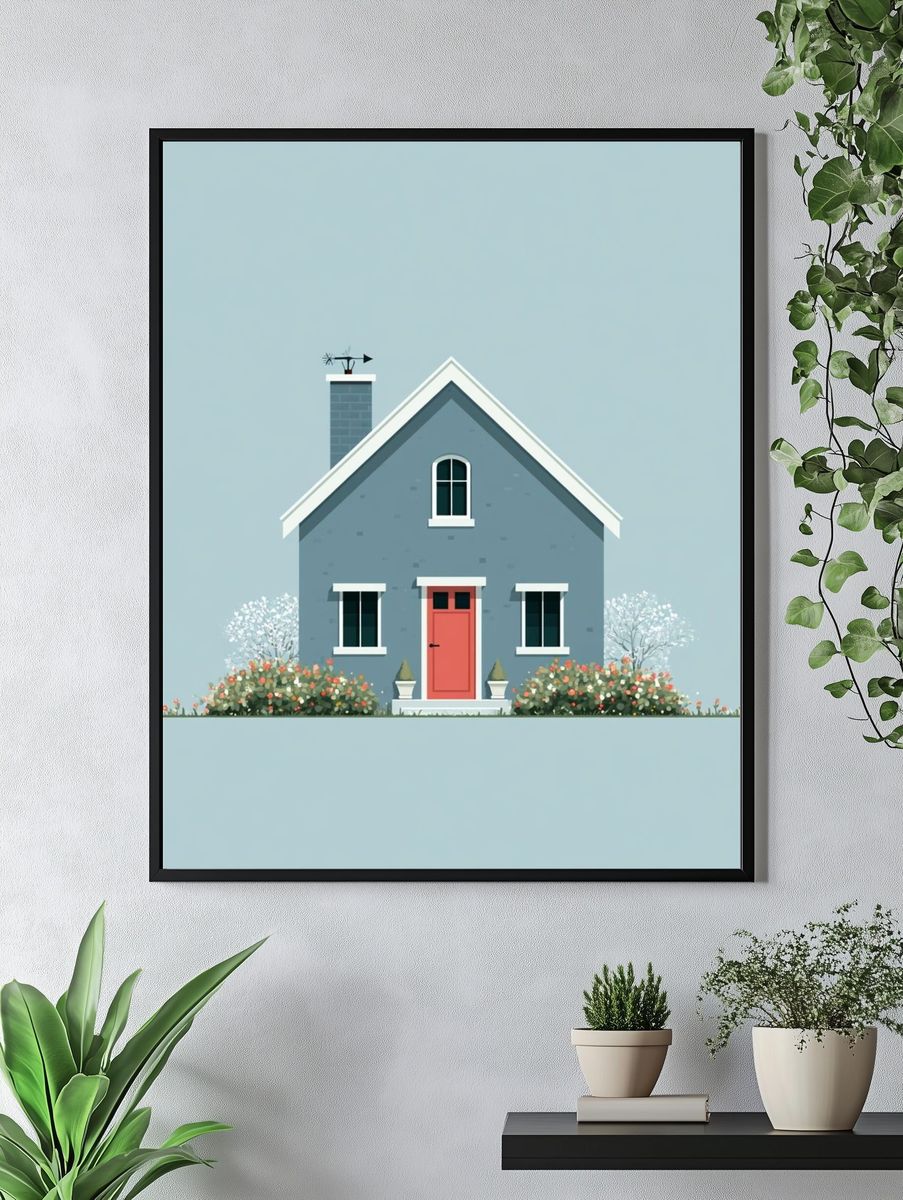 Blue Cottage Illustration Poster. — room view 4