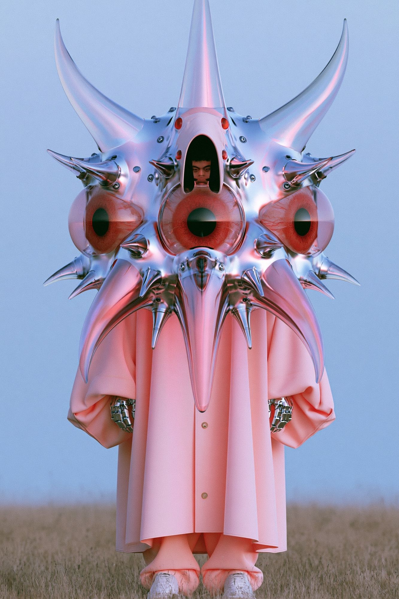 Surreal Chrome Mask Portrait Print. poster — illustration art