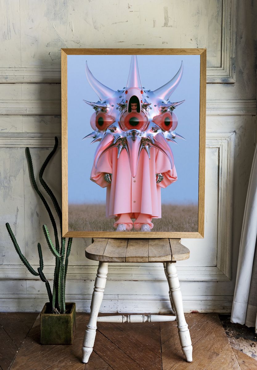 Surreal Chrome Mask Portrait Print. room preview