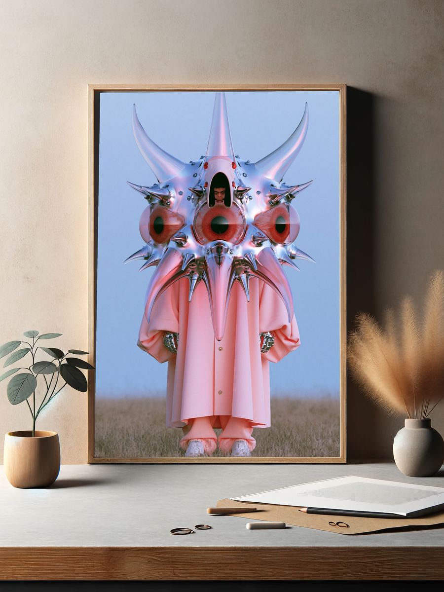 Surreal Chrome Mask Portrait Print. — room view 2