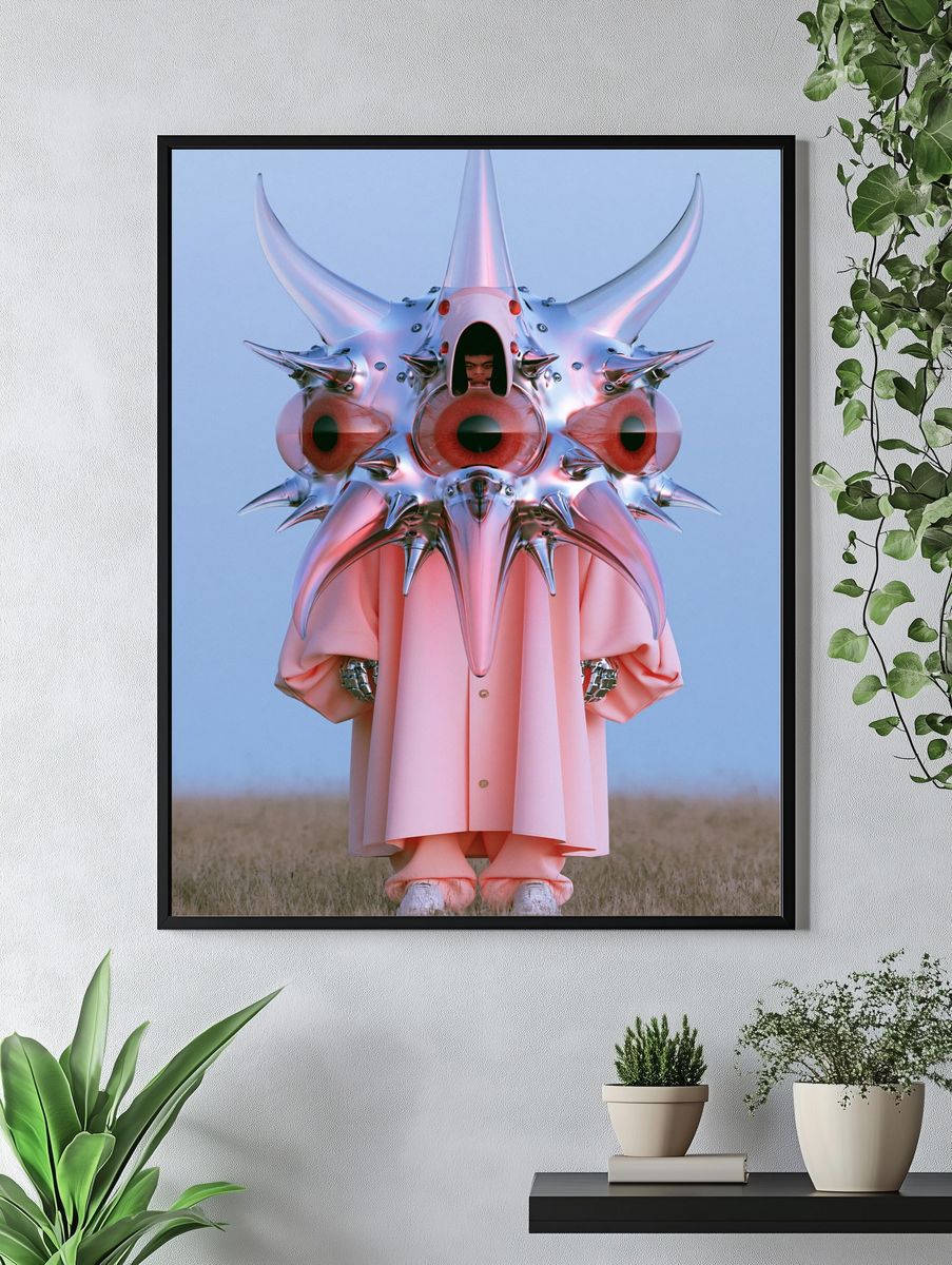 Surreal Chrome Mask Portrait Print. — room view 4