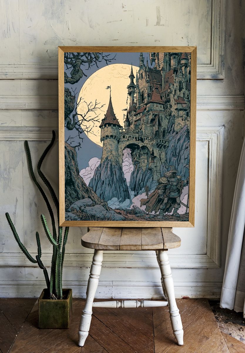 Moonlit Castle Fantasy Illustration Poster. — room view 1