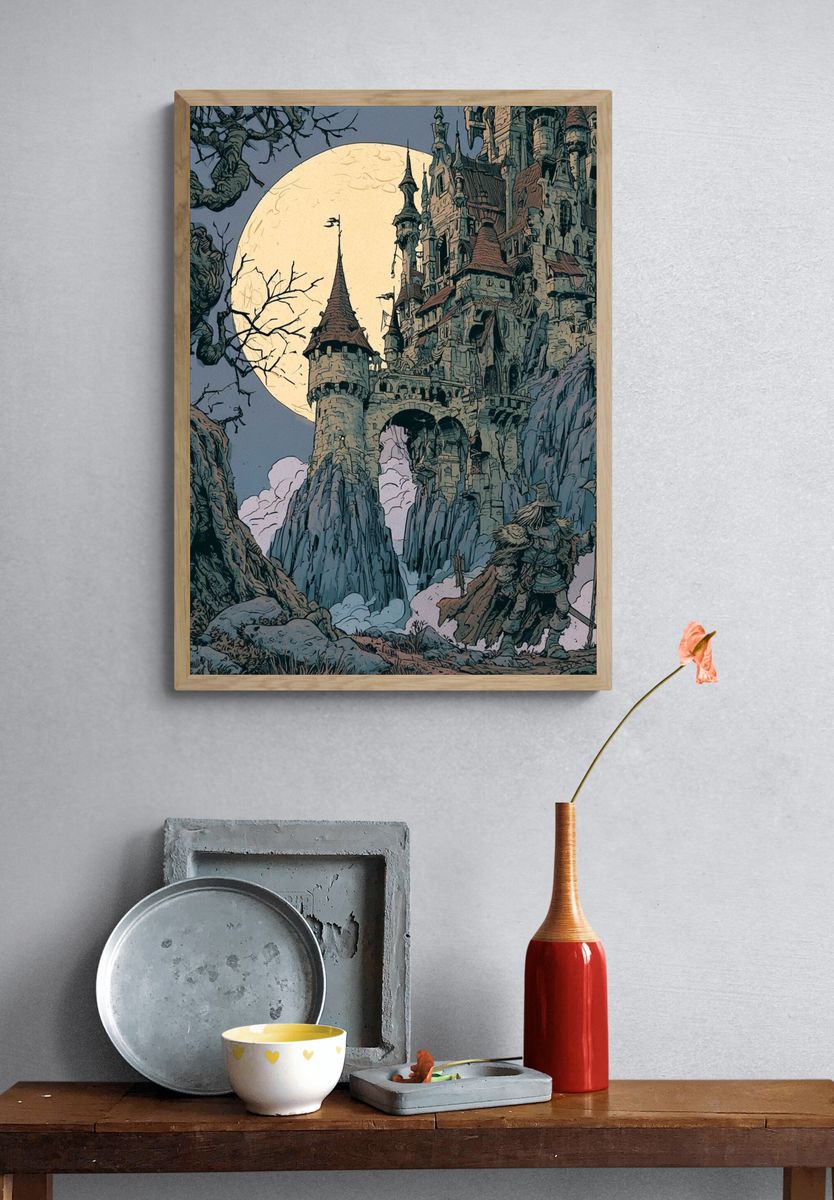 Moonlit Castle Fantasy Illustration Poster. — room view 3
