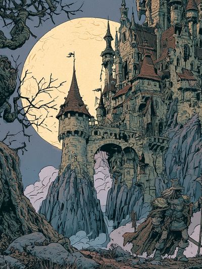 Moonlit Castle Fantasy Illustration Poster. poster