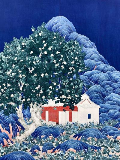 Blue Mountain Village Illustration Poster. poster