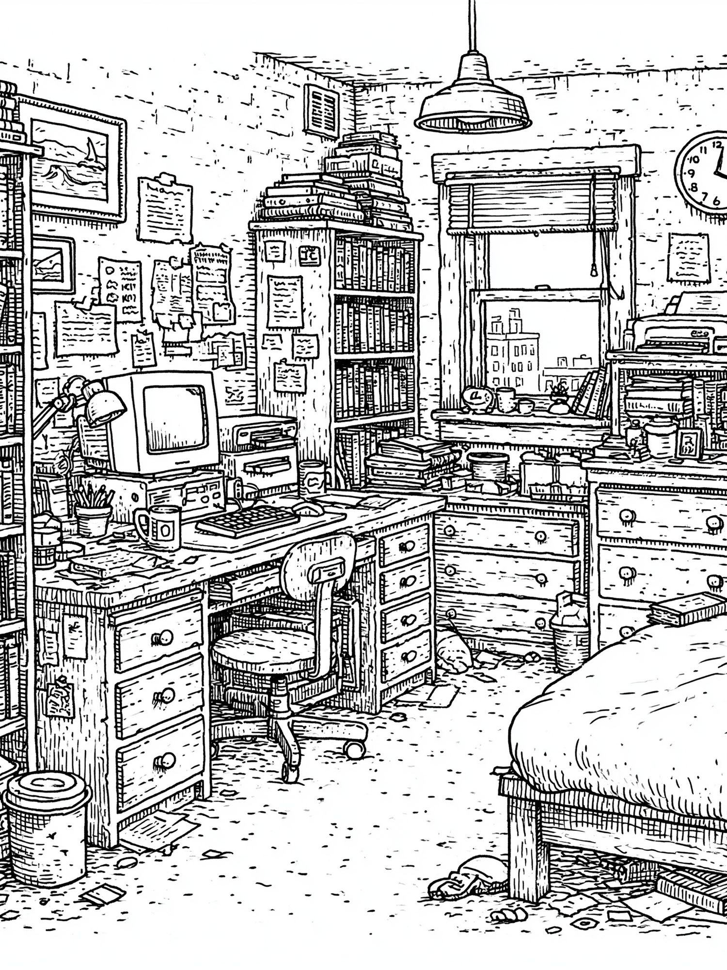 Cozy Bookish Bedroom Line Art Poster. poster detail