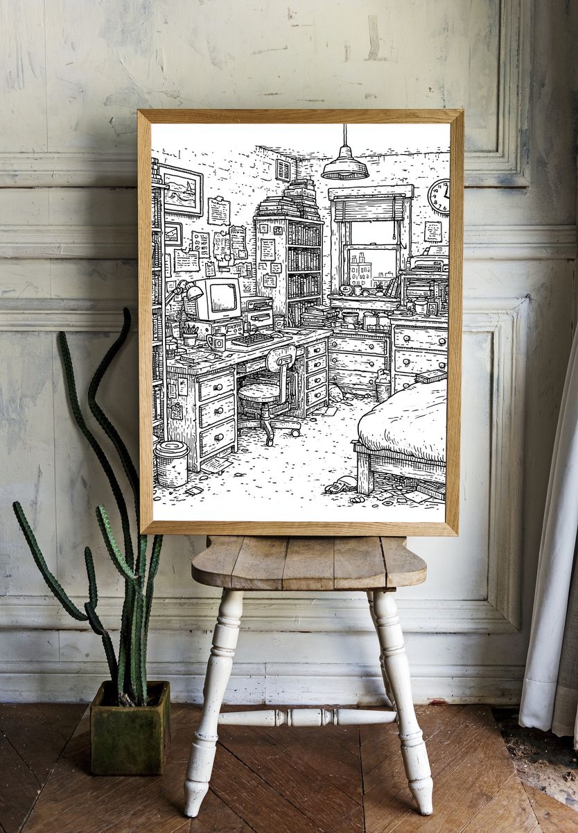 Cozy Bookish Bedroom Line Art Poster. room preview