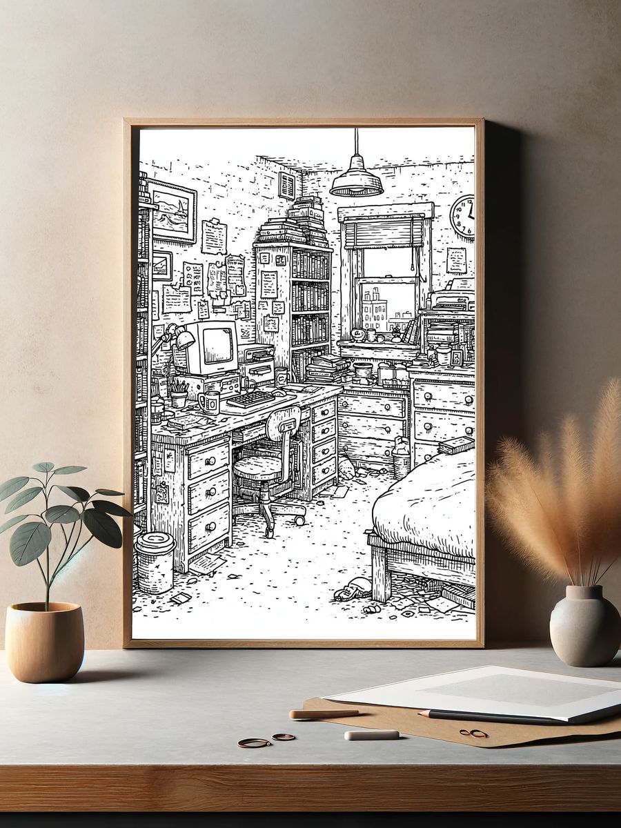 Cozy Bookish Bedroom Line Art Poster. — room view 2