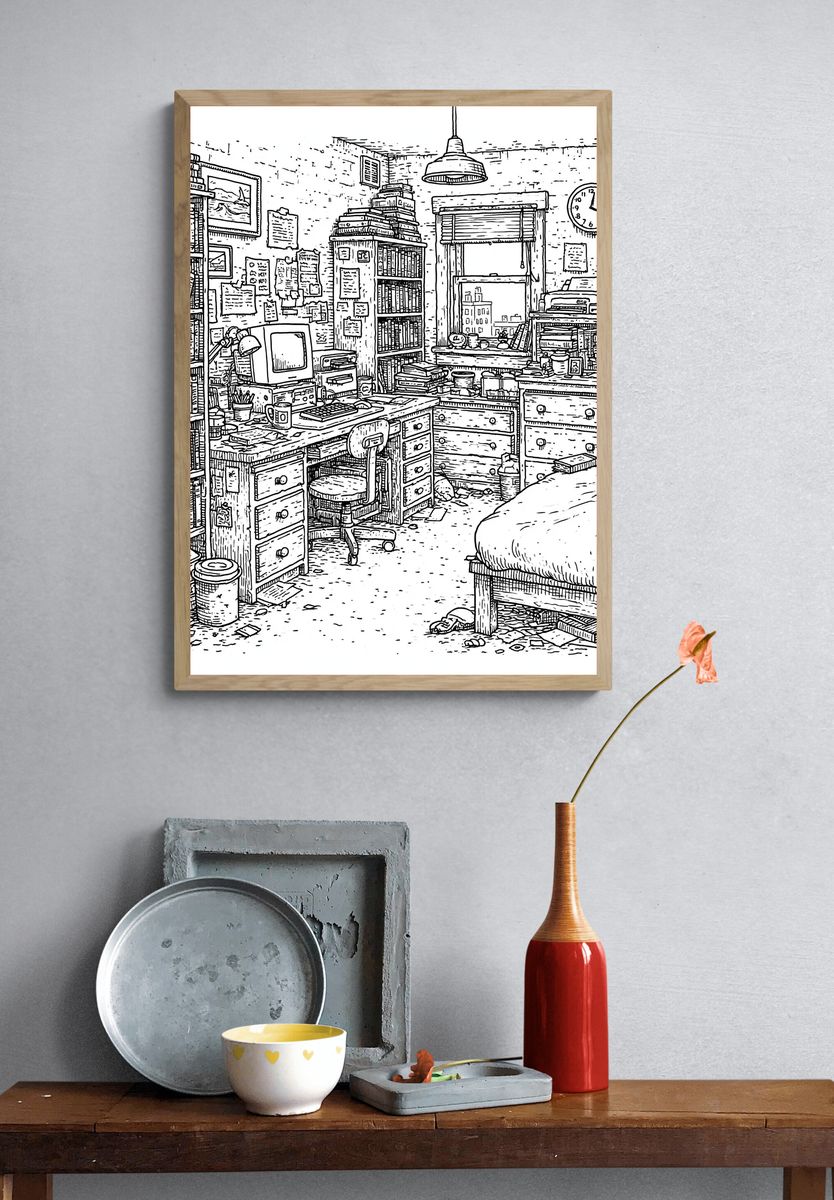 Cozy Bookish Bedroom Line Art Poster. — room view 3