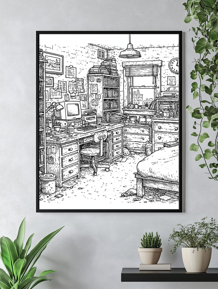 Cozy Bookish Bedroom Line Art Poster. — room view 4