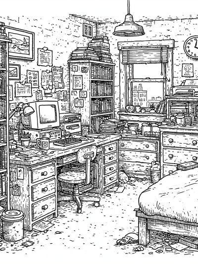 Cozy Bookish Bedroom Line Art Poster.