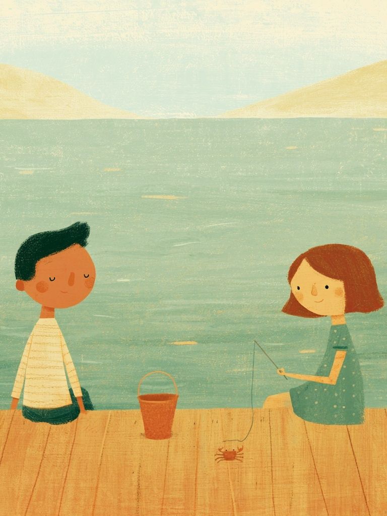 Children Fishing by the Lake Illustration Print. poster detail