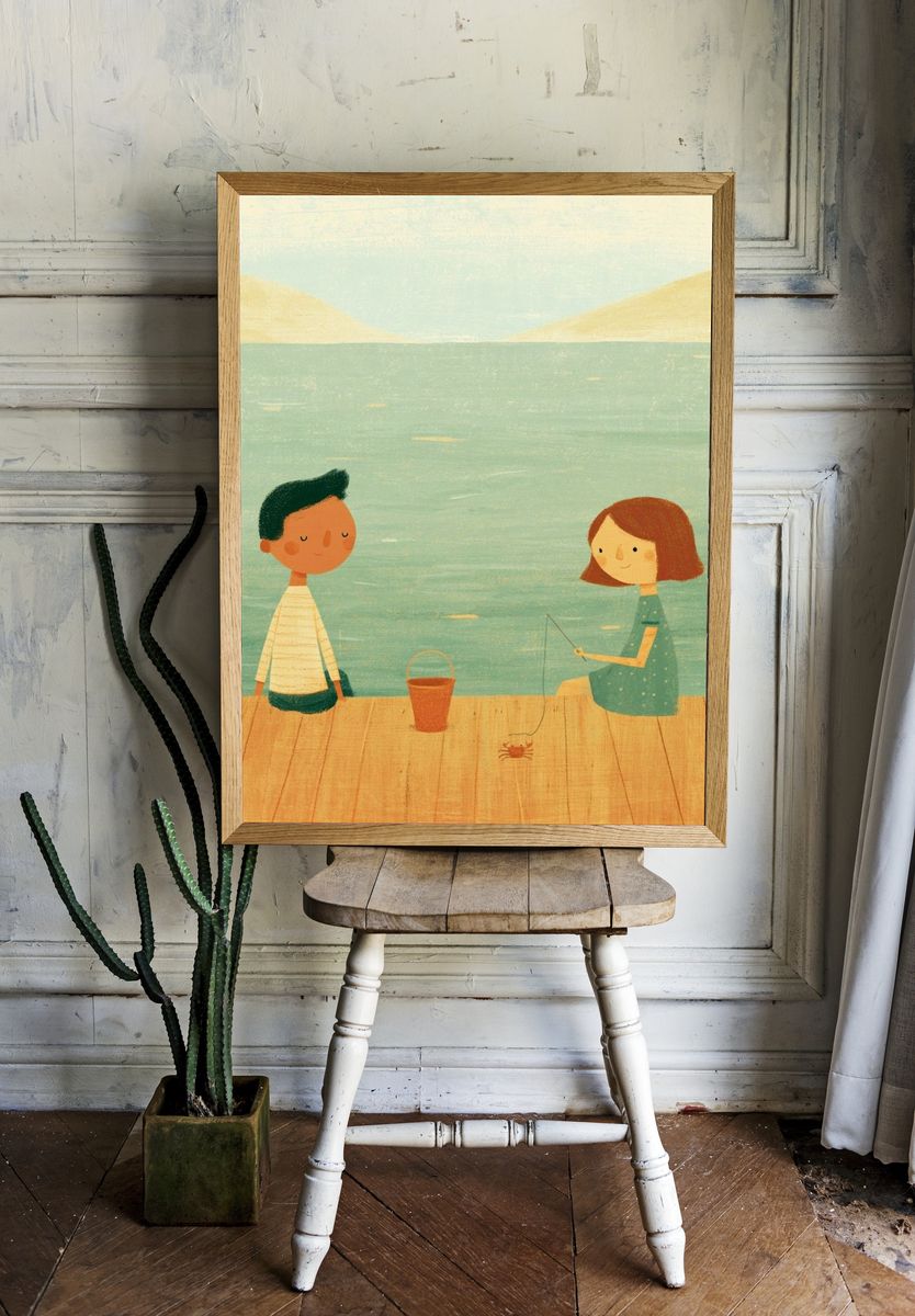 Children Fishing by the Lake Illustration Print. — room view 1