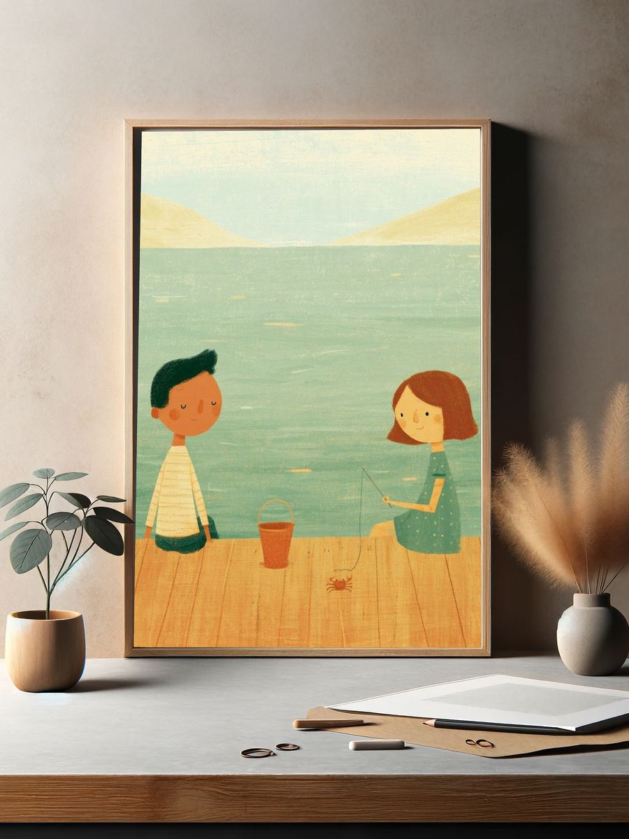 Children Fishing by the Lake Illustration Print. — room view 2