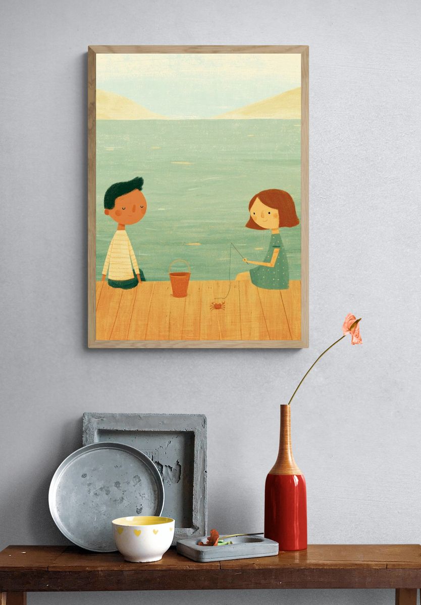 Children Fishing by the Lake Illustration Print. — room view 3