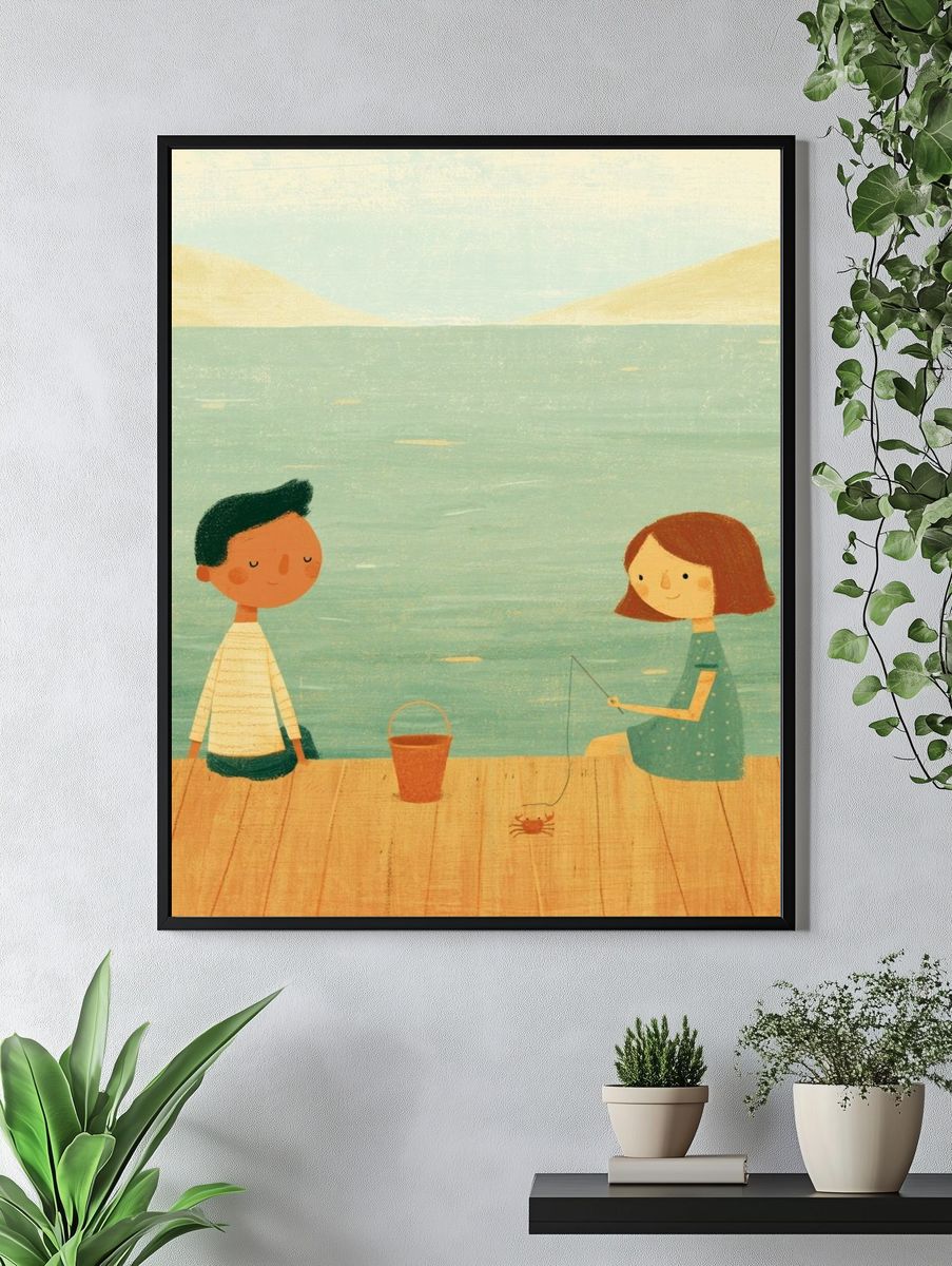 Children Fishing by the Lake Illustration Print. — room view 4