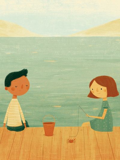Children Fishing by the Lake Illustration Print. poster